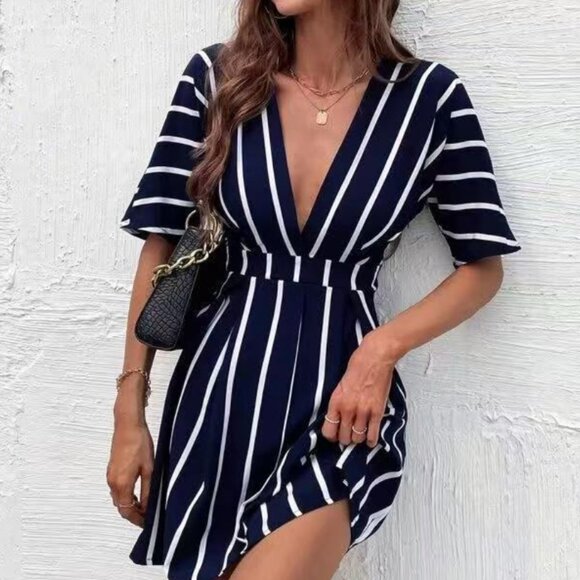 Striped White on Navy Blue Plunging V-Neck Mini Dress Batwing Sleeve - Picture 1 of 4